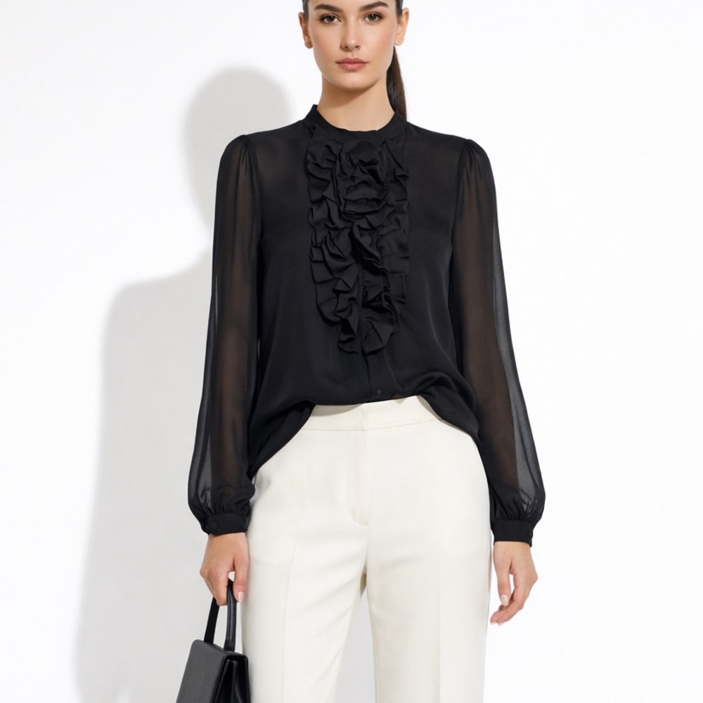 sandra  angelozzi Black Silk Ruffle Blouse Large Sheer Long Sleeve Feminine Top